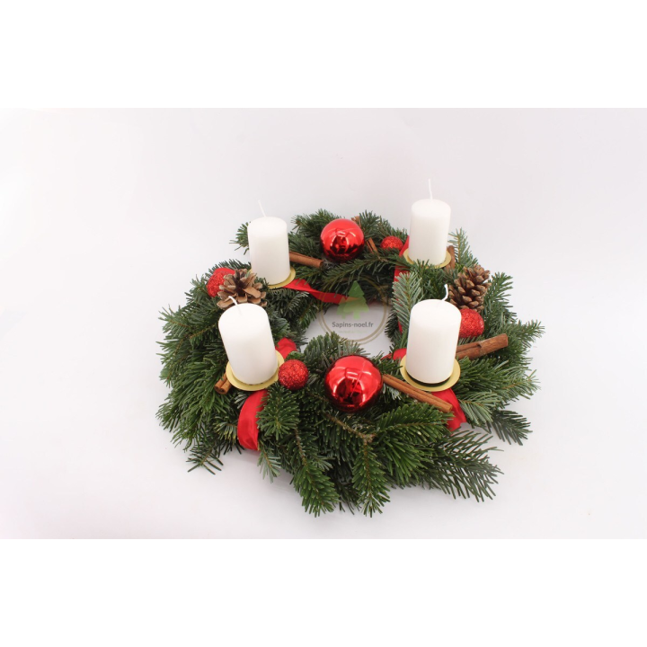 Couronne de l'Avent décorée - Rouge - Avec bougies blanches
