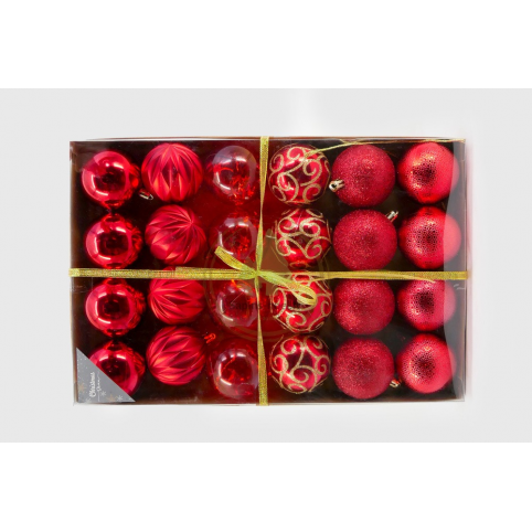 Boîte de 24 boules de Noël rouge 