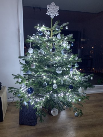 Lumières blanches, boules argentées et flocon en cime. — Sapin Nordmann naturel