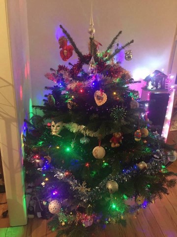 Lumières multicolores et décorations rouges et dorées. — Sapin Nordmann naturel